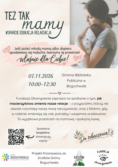 Spotkanie dla mam „TEŻ TAK MAMY" w bibliotece w Boguchwale. Wstęp bezpłatny